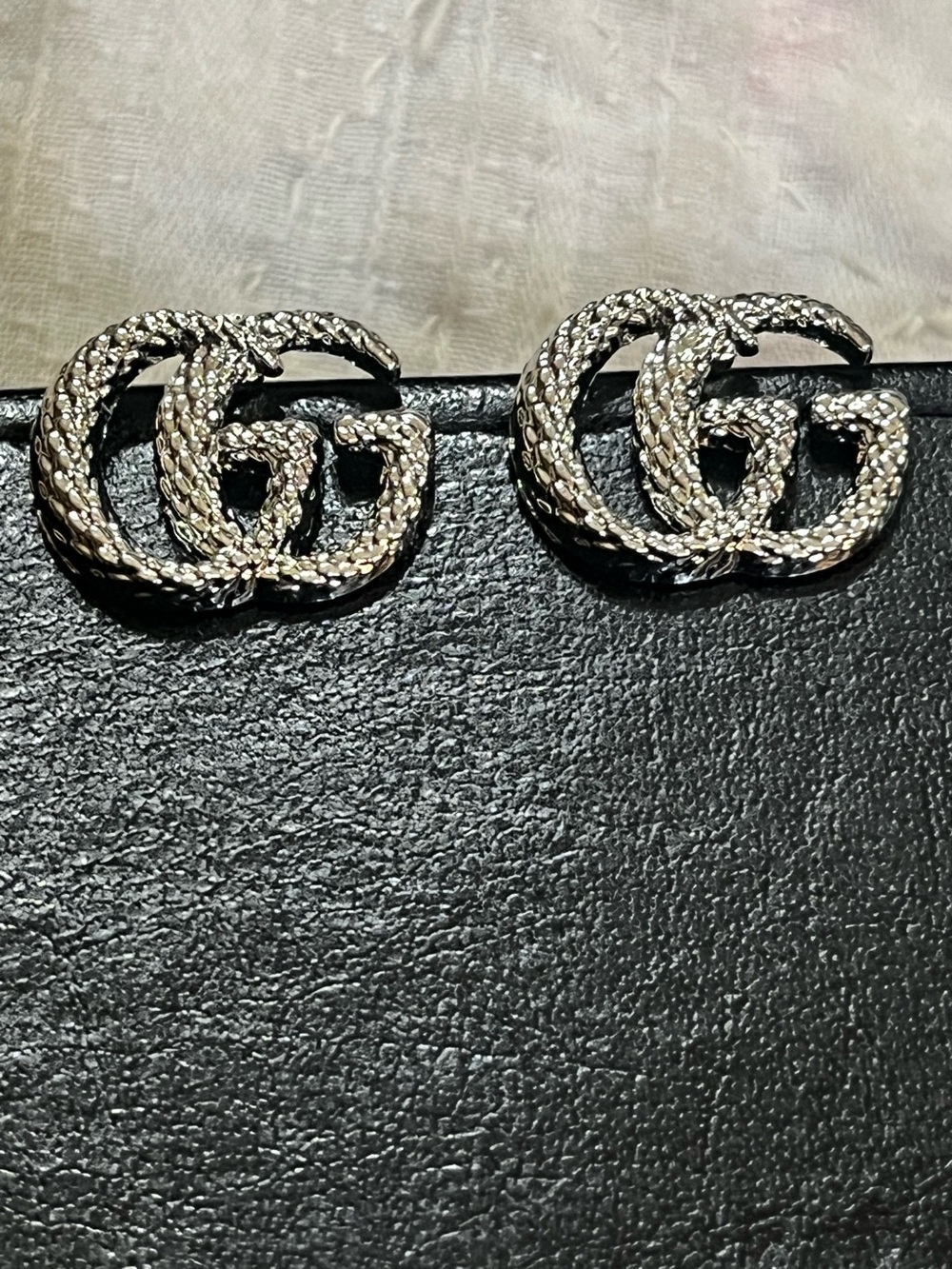 Double G Designer Silver Textured Letter Logo Stud Earrings